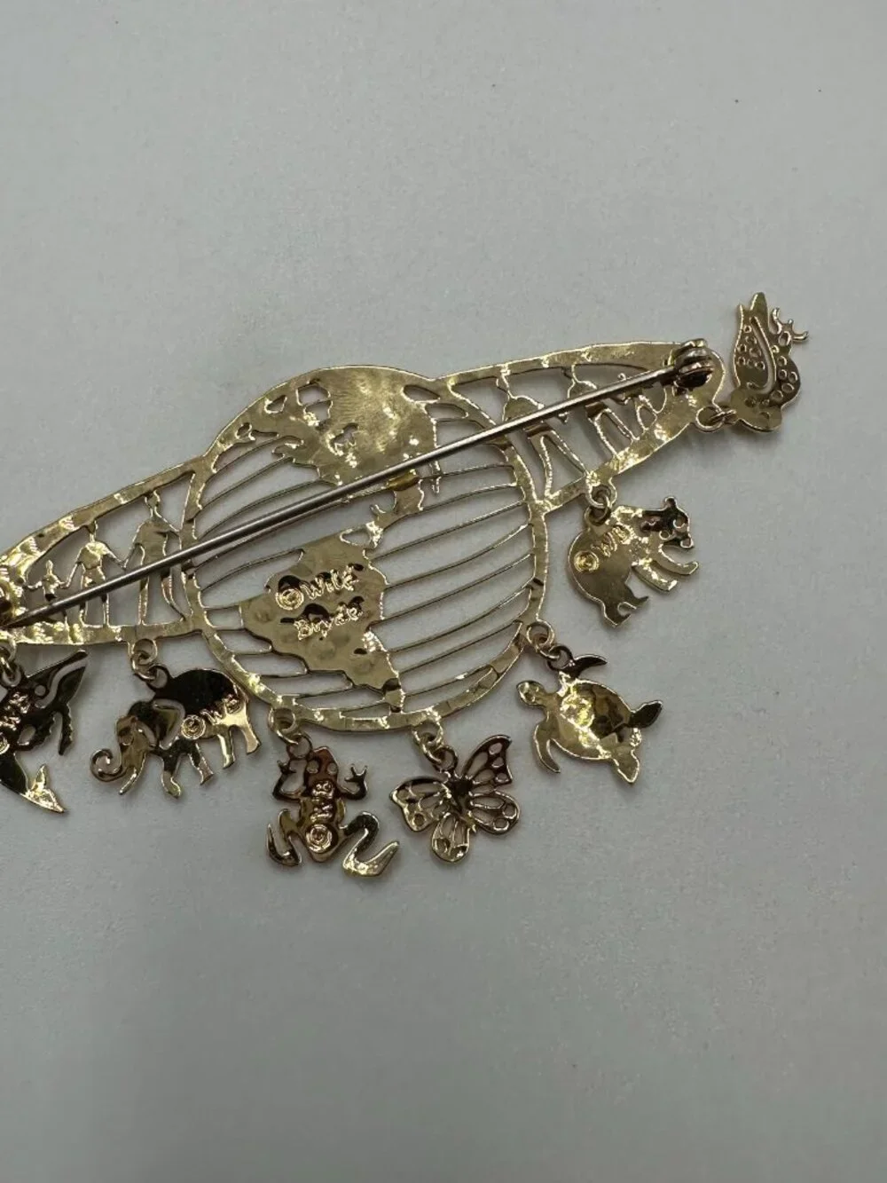Vintage Wild Bryde Earth Brooch Gold Tone Animal Dangle Elephant Owl Turtle